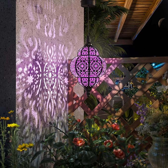 Hapjoy Hanging Solar Lights Outdoor Garden Decor Solar Lantern Waterproof Plastic Moroccan Outdoor Decorations for Patio Pathway Yard Backyard Garden Decorative (1, Purple)