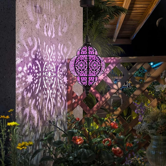 Hapjoy Hanging Solar Lights Outdoor Garden Decor Solar Lantern Waterproof Plastic Moroccan Outdoor Decorations for Patio Pathway Yard Backyard Garden Decorative (1, Purple)