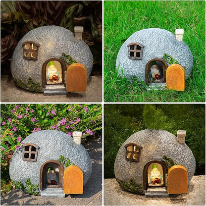 mopha Garden House Statues, Funny Gnomes Fairy Garden Lights Figurine,Mini Gnome Resin Solar Powered Outdoor Decor Patio Yard Lawn Ornament Decoration