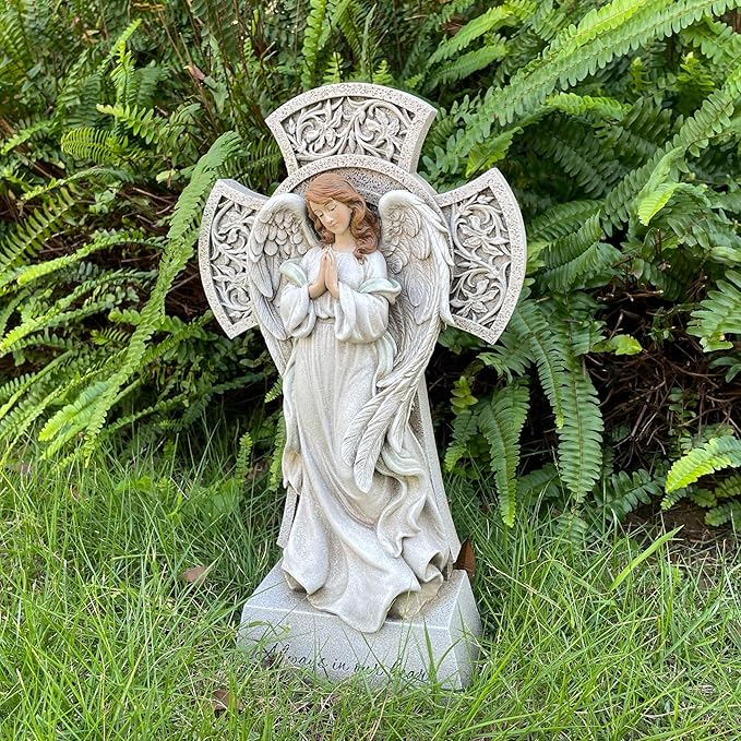 Memorial Angel Statue with Cross, 12 Inch Remembrance Angel for Loved One, Graveside or Home Sympathy Decor, Handwriting-Friendly Base