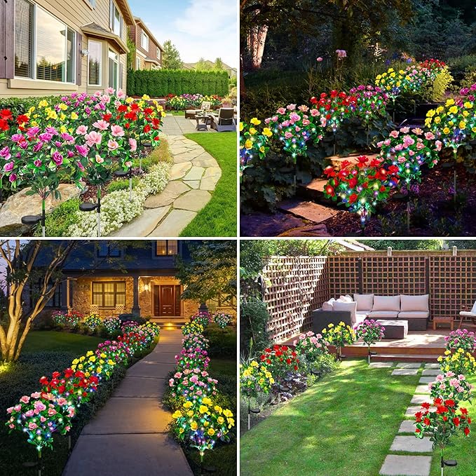 Ouddy Decor 4 Pack Solar Garden Lights, Solar Azalea Flowers with 56 Colorful LED Upgrade Waterproof Pathway Lights for Yard Decor Fence Patio Lawn Decor Mothers Day Gardening Gifts