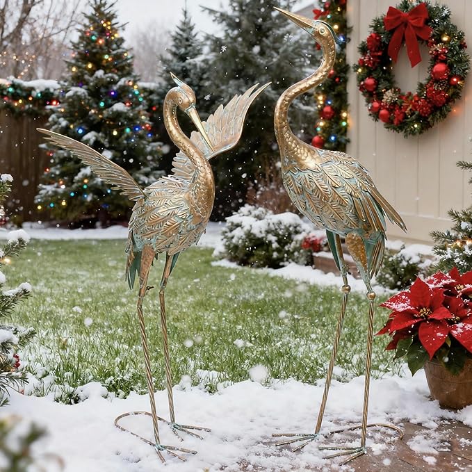 TERESA'S COLLECTIONS Garden Decor, Set of 2 Cranes Garden Decor, 33-39", Elegant Cranes with Golden Painting, Waterproof Metal Garden Statue, Herons Gifts Birthday Gifts for Women Mom