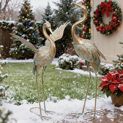 TERESA'S COLLECTIONS Garden Decor, Set of 2 Cranes Garden Decor, 33-39", Elegant Cranes with Golden Painting, Waterproof Metal Garden Statue, Herons Gifts Birthday Gifts for Women Mom