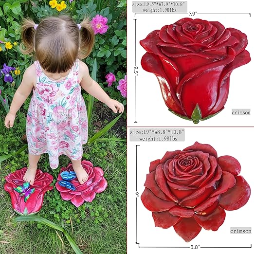 Simulated rose home decor gift - outdoor garden landscape flower stepping stone - rose for mothers, sisters, besties, grandmothers, and maternal grandmothers as a festive gift - 2-piece set, red