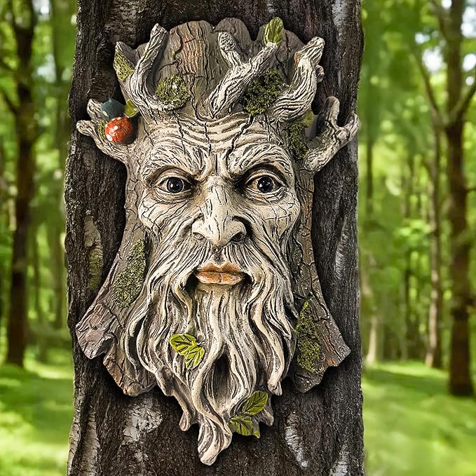 Teaeeno Whimsical Tree Face Garden Decoration, 11.8 in Tree Faces Decor Outdoor Wallmounted Statue Art with Leaf Features, Outdoor Decor Garden Accessory (Outdoors and Nature)