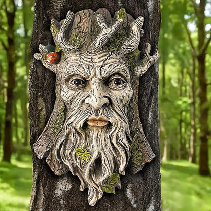 Teaeeno Whimsical Tree Face Garden Decoration, 11.8 in Tree Faces Decor Outdoor Wallmounted Statue Art with Leaf Features, Outdoor Decor Garden Accessory (Outdoors and Nature)