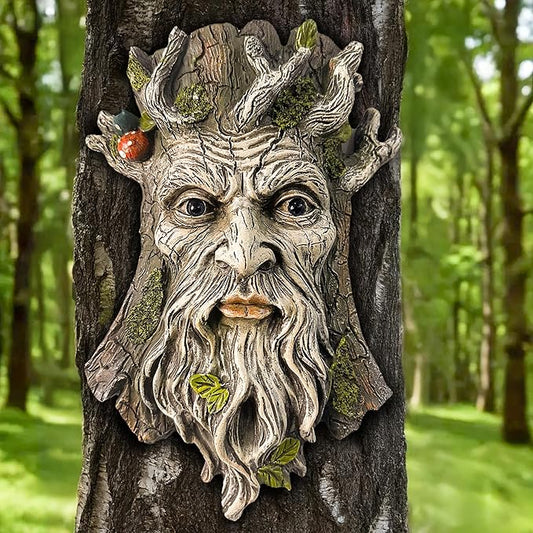 Teaeeno Whimsical Tree Face Garden Decoration, 11.8 in Tree Faces Decor Outdoor Wallmounted Statue Art with Leaf Features, Outdoor Decor Garden Accessory (Outdoors and Nature)