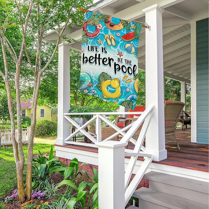 Summer House Flags for Outdoor Decoration, LIFE IS BETTER AT THE POOL Large Yard Flag, Seasonal Decorative Celebration Decor for Spring Farmhouse Holiday Outside 28x40 Inch Vertical Double Sided