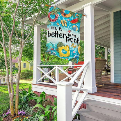Summer House Flags for Outdoor Decoration, LIFE IS BETTER AT THE POOL Large Yard Flag, Seasonal Decorative Celebration Decor for Spring Farmhouse Holiday Outside 28x40 Inch Vertical Double Sided