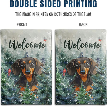 Welcome Winter Garden Flags Dachshund Garden Flag Cardinal Birds on Snowy Pine Tree Flag Dog Yard Flags for Outside 12x18 Double Sided Christmas Decorative Lawn Flags