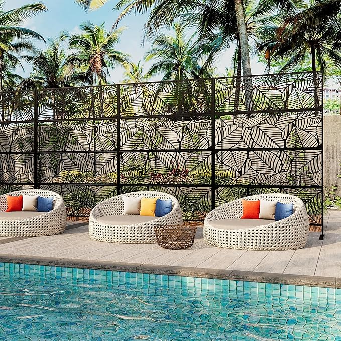 Garveelife Metal Privacy Screen 72" H×47" W for Outdoor Freestanding Decorative Privacy Wall Panels with Stand, Patio Balcony Screens for Outside Divider Deck Porch Garden, 1PC