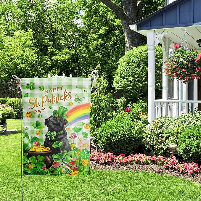 Black Lab St Patricks Day Garden Flag Labrador Dog St Patrick's Day Yard Flags for Outside 12x18 Double Sided Buffalo Plaid Shamrock Flag Small Outdoor Rainbow St Patrick's Decor