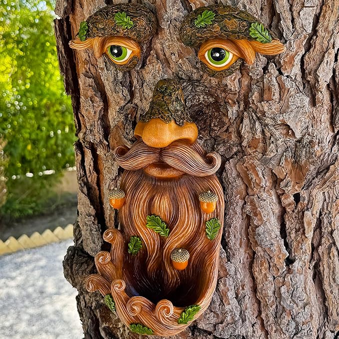 Mood Lab Tree Face Decor - Outdoor Bird Feeder with Acorns - Old Man Tree Face Garden Hugger Decoration