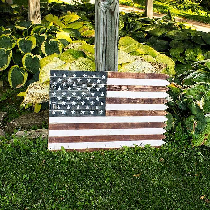 Wooden American Flag Sign Wall Décor, (36" x 24") Rustic Farmhouse Decoration, Outdoor/Indoor - Backyard Expressions