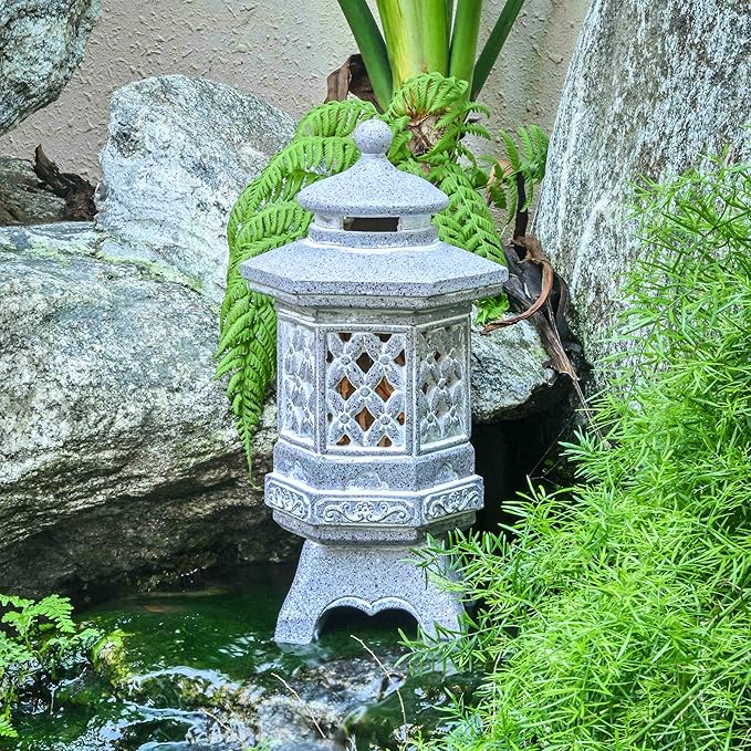 TERESA'S COLLECTIONS Pagoda Garden Statues with Solar Outdoor Light, Resin Zen Garden Lantern Asian Decor Outdoor Statues Lawn Ornaments Patio Porch Yard Decor Gifts for Dad 8.3'' (Stone Finish)