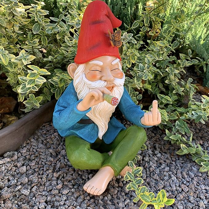 Mood Lab Funny Garden Gnome - Relaxed Smoking Statue with Middle Finger - 9.6 Inch Tall Outdoor or Indoor Decor