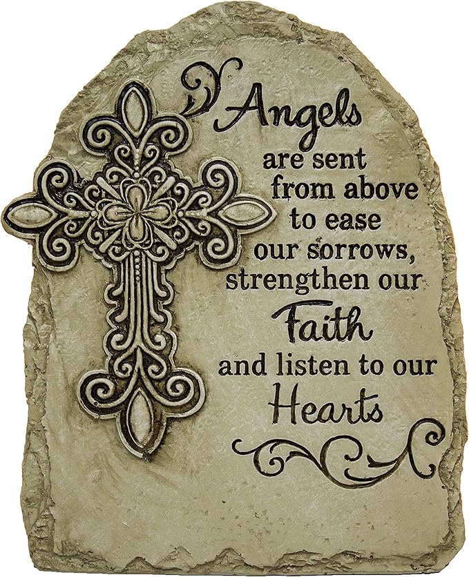 7.5 Inch Tall Memorial Cross Polystone Garden Stone (Angels)