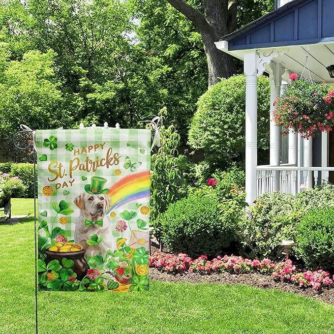 White Lab St Patricks Day Garden Flag Labrador Dog St Patrick's Day Yard Flags for Outside 12x18 Double Sided Buffalo Plaid Shamrock Flag Small Outdoor Rainbow St Patrick's Decor