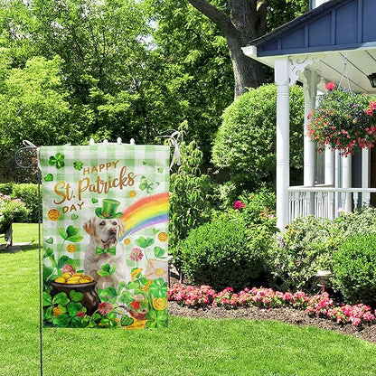 White Lab St Patricks Day Garden Flag Labrador Dog St Patrick's Day Yard Flags for Outside 12x18 Double Sided Buffalo Plaid Shamrock Flag Small Outdoor Rainbow St Patrick's Decor