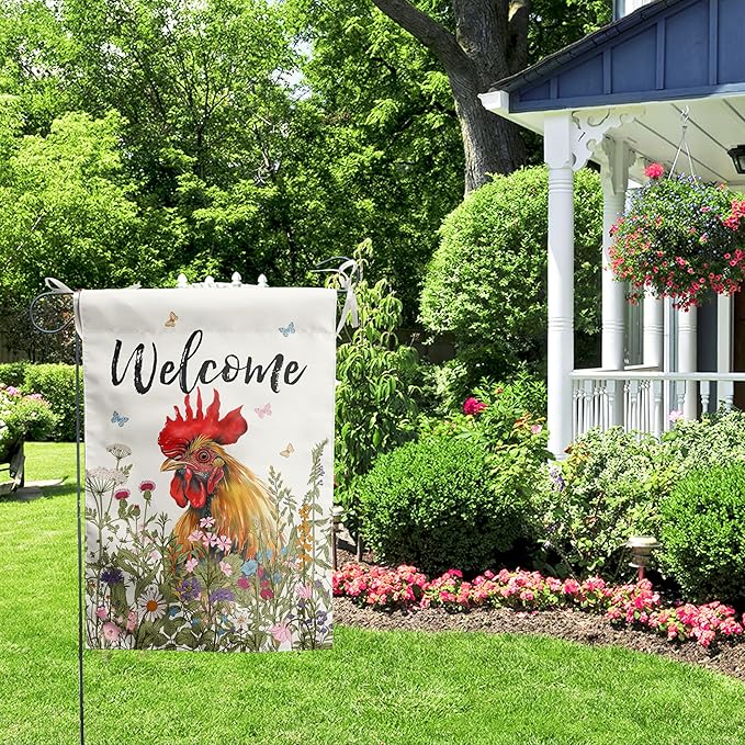 Floral Chicken Garden Flag Spring Summer House Flags 28x40 Double Sided Farmhouse Rooster Yard Flags for Outside Large Outdoor Welcome Flags Farm Chicken Coop Decor