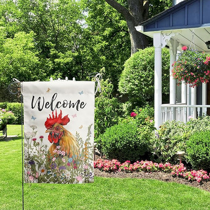 Spring Summer Garden Flag Farmhouse Chicken Garden Flags for Outside Floral Rooster Yard Flag 12x18 Double Sided Small Outdoor Welcome Flags Farm Chicken Coop Decor
