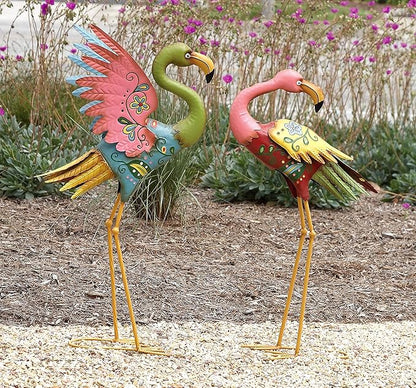 Deco 79 Metal Flamingo Decorative Garden Sculpture Indoor Outdoor Embossed Standing Garden Statues with Coiled U Shaped Feet, Set of 2 Outdoor Sculptures 28", 32"H, Multi Colored