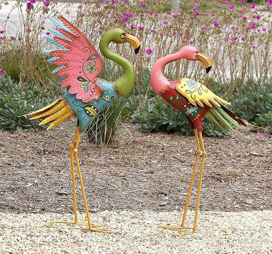 Deco 79 Metal Flamingo Decorative Garden Sculpture Indoor Outdoor Embossed Standing Garden Statues with Coiled U Shaped Feet, Set of 2 Outdoor Sculptures 28", 32"H, Multi Colored