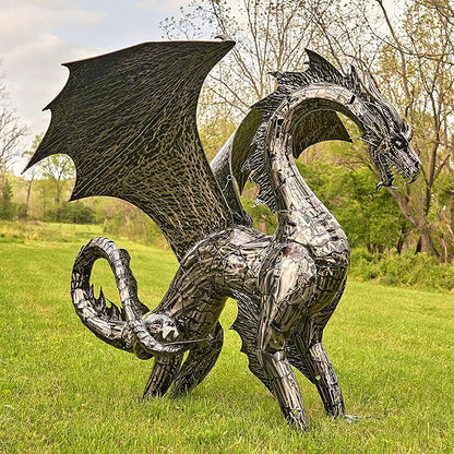 Zaer Ltd. Large Metal Dragon Statue, 89" L x 79" W x 73" H, Powder Coated (Metallic Silver)