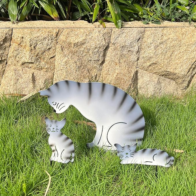 3 Pack Metal Cat Family Garden Statues, Outdoor Decorative Silhouette Stakes for Yard and Patio Lawn Ornaments - Animal Sculpture Art (Grey)