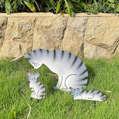 3 Pack Metal Cat Family Garden Statues, Outdoor Decorative Silhouette Stakes for Yard and Patio Lawn Ornaments - Animal Sculpture Art (Grey)