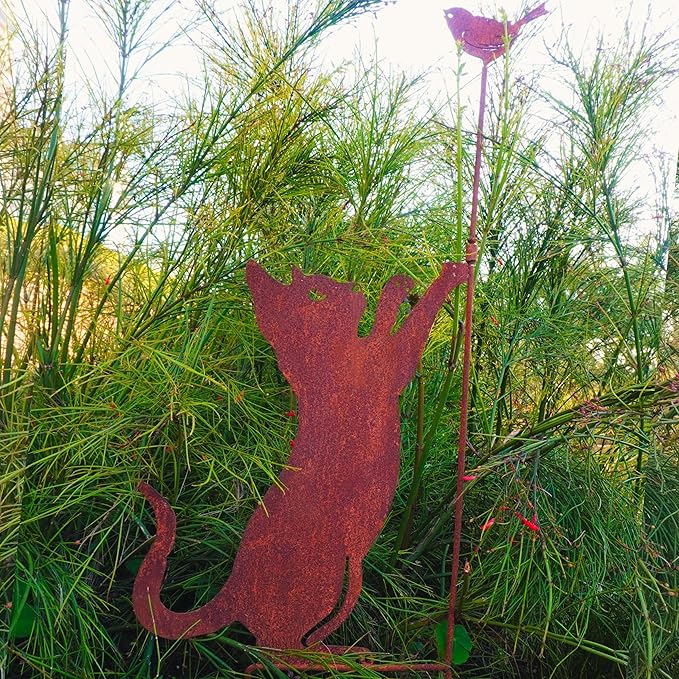 27.17” Metal Cat and Bird Silhouette Stake - Rustic Garden Statue, Outdoor Yard Decoration, Cat Lover’s Gift, Weather-Resistant Garden Ornament