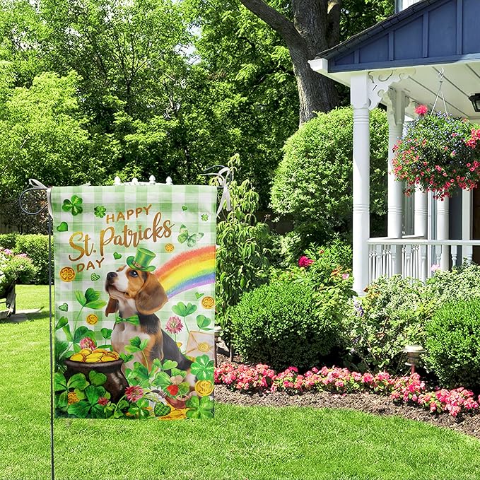 Beagle St Patricks Day Garden Flag Dog St Patrick's Day Yard Flags for Outside 12x18 Double Sided Buffalo Plaid Shamrock Flag Small Outdoor Rainbow St Patrick's Decor