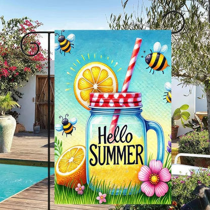 HOMETITUTE Hello Summer Garden Flag Mason Jar Flag 12x18 inch Double Sided Beach Seasonal Flags Yard Outdoor Lawn Decor Rustic Nautical Seasonal Farmhouse Decorations