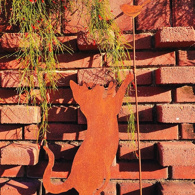 27.17” Metal Cat and Bird Silhouette Stake - Rustic Garden Statue, Outdoor Yard Decoration, Cat Lover’s Gift, Weather-Resistant Garden Ornament