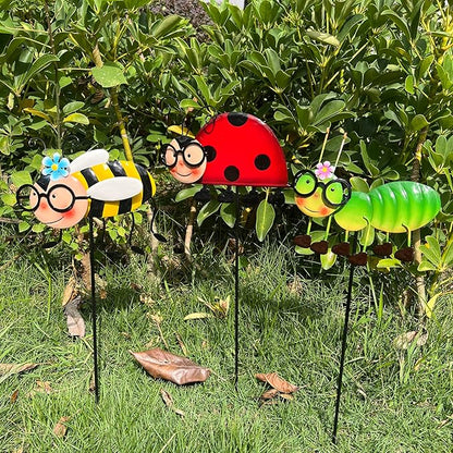 Metal Garden Stakes Set of 3, Hand Painted Insect Yard Art, Ladybug Bee Caterpillar Outdoor Decor, Colorful 3D Lawn Ornaments, Floor Mount Patio Decoration