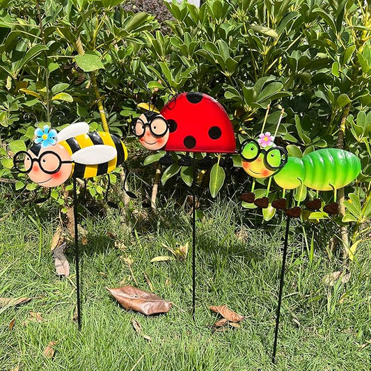 Metal Garden Stakes Set of 3, Hand Painted Insect Yard Art, Ladybug Bee Caterpillar Outdoor Decor, Colorful 3D Lawn Ornaments, Floor Mount Patio Decoration
