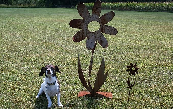 Metal Rustic and Colorful Flower Stakes Ranging from 9.5 to 36 Inches Tall (Twisted Daisy on Flat Base 36" Tall, Naturally Rusted)