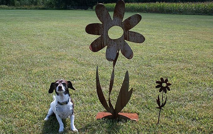 Metal Rustic and Colorful Flower Stakes Ranging from 9.5 to 36 Inches Tall (Twisted Daisy on Flat Base 36" Tall, Naturally Rusted)