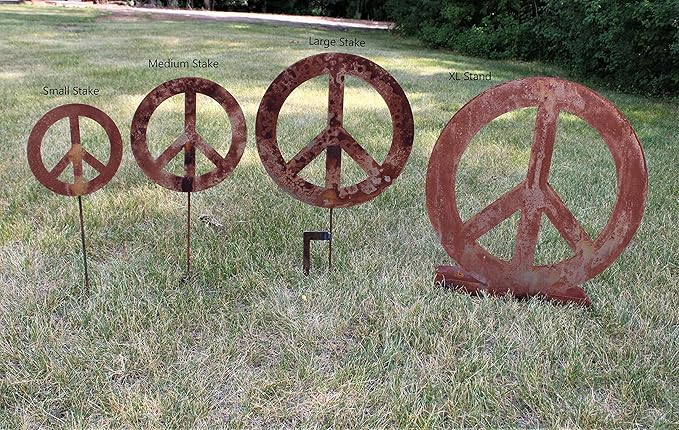 Peace and Heart Staked Signs or Wall Art Rustic or Powder Coated Finishes (Peace XL on Flat Base 24", Naturally Rusted)