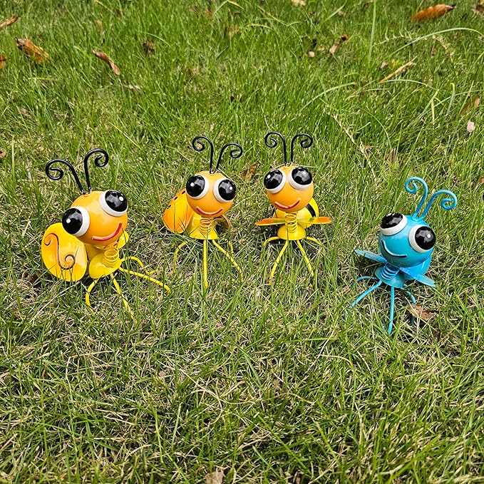 Metal Bee Sculptures Outdoor Yard Art Garden Patio Decor, Set of 4 Statues for Insect-Themed Garden Decoration