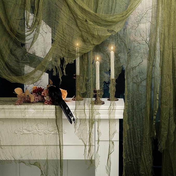 RunNico 200x36 Inch Large Size Green Halloween Creepy Cloth Decoration,Spooky Gauze Cloth,Halloween Haunted Cheesecloth for Halloween Stairway,Wall,Window Decorations,Outdoors Doorways Decor