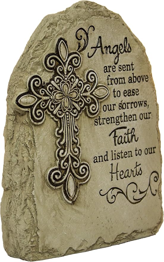 7.5 Inch Tall Memorial Cross Polystone Garden Stone (Angels)