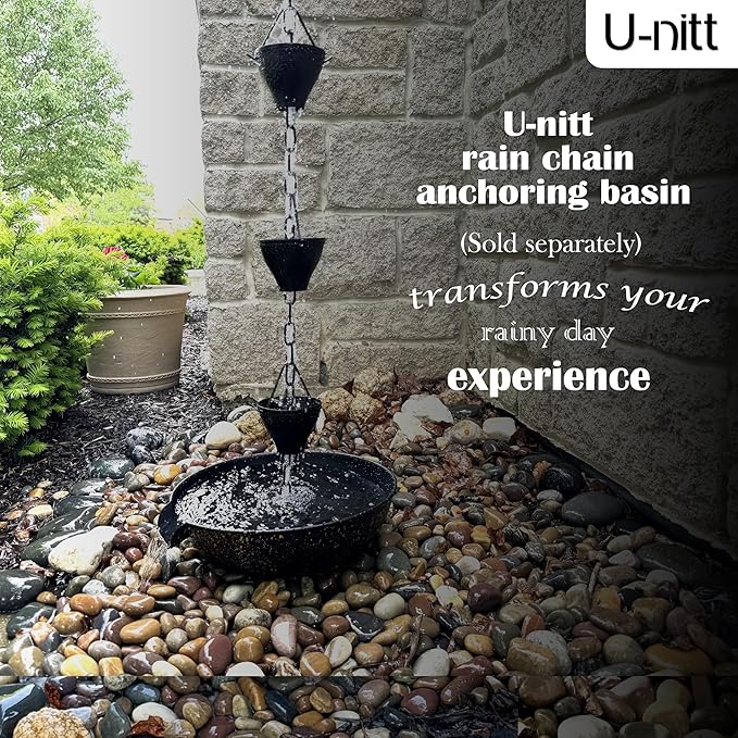 U-nitt Rain Chain Water Collection for Gutters Rainwater Catcher & Diverter, 8.5 FT Chains for Outside Garden, Sunflower Cups, Roof Downspout, Works with Heavy Rain, w/Gutter Clip for Rainchains