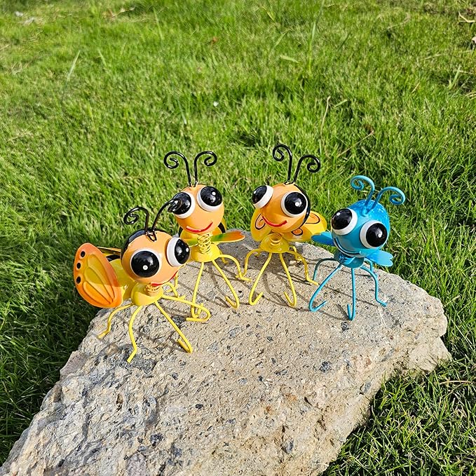 Metal Bee Sculptures Outdoor Yard Art Garden Patio Decor, Set of 4 Statues for Insect-Themed Garden Decoration