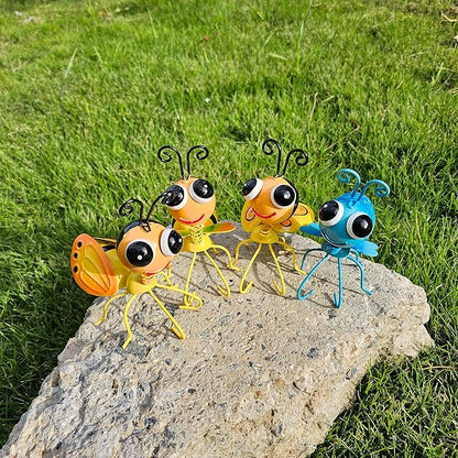 Metal Bee Sculptures Outdoor Yard Art Garden Patio Decor, Set of 4 Statues for Insect-Themed Garden Decoration