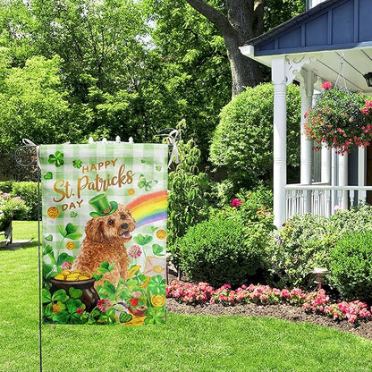 Golden Doodle St Patricks Day Garden Flag Dog St Patrick's Day Yard Flags for Outside 12x18 Double Sided Buffalo Plaid Shamrock Flag Small Outdoor Rainbow St Patrick's Decor
