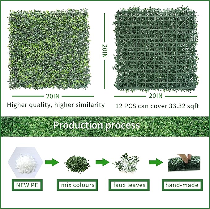NETAP Grass Wall Panels Backdrop, 20"x 20"(12Pcs) Faux Boxwood Panels for Outdoor Indoor Green Wall Decor, Party Wedding Garden Fence Decorations