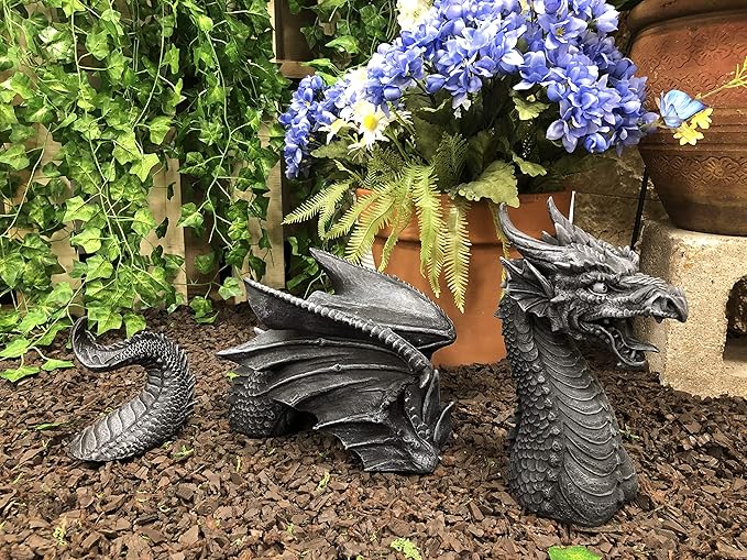 Ebros Swimming Castle Moat Mordor Dragon Lawn Garden Centerpiece Statue 3 Piece 21" Total Length Faux Stone Resin Finish Dungeons and Dragons Decor Figurine