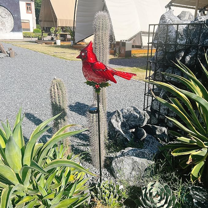 Cardinal Garden Stakes Solar Birds Lights Decorations Outdoor Waterproof, Decorative Solar Fence Pathway Lights Outdoor Garden, Cardinal Outside Patio Backyard Valentine's Day Decor