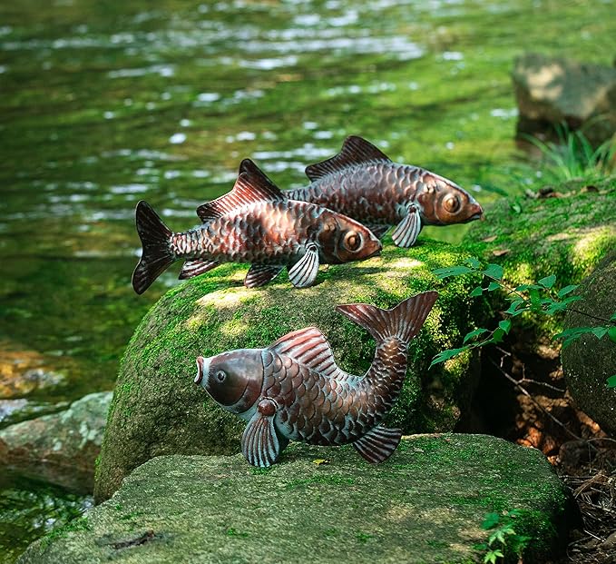 Outdoor Garden Statues Koi Fish Decor,Antique Copper Garden Sculptures & Statues for Outside,Patio,Backyard,Pond,Home,Decorations,Metal Yard Art Fish Stakes,Gifts for Mom Grandma,Set of 3